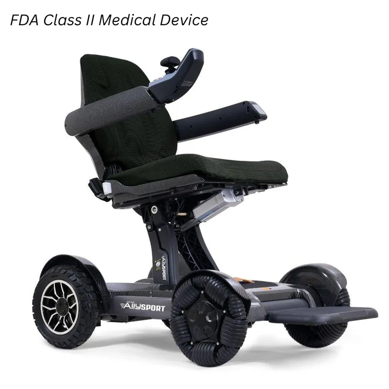 Golden Ally Sport compact power wheelchair with a padded seat and joystick control.