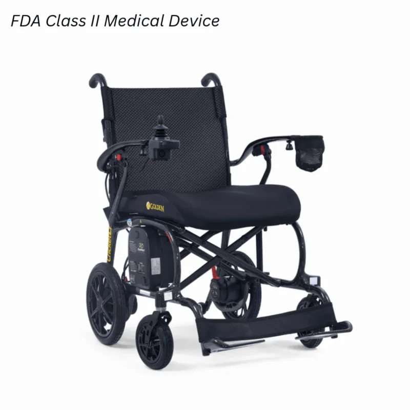 Golden Cricket LT Carbon folding power wheelchair with a carbon fiber frame.