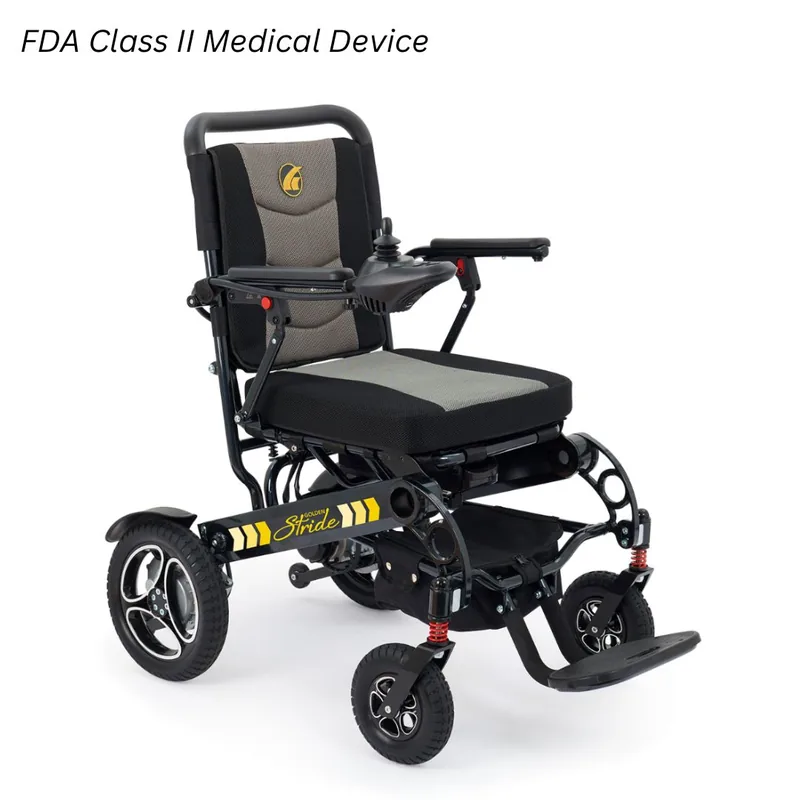 Golden Stride power wheelchair with a tall back and two-tone grey and black seat.