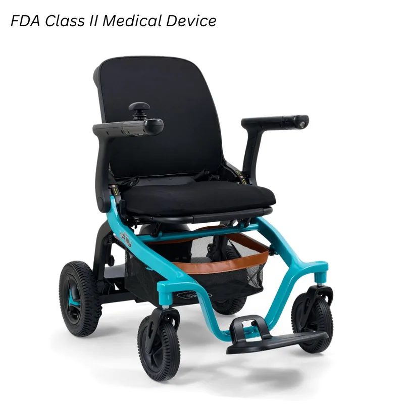 Golden Ally folding power wheelchair with a padded seat and joystick control.