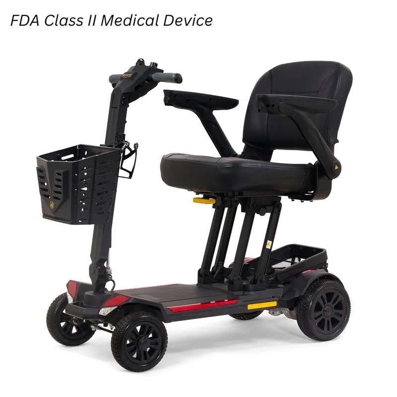 Golden Buzzaround CarryOn HD travel scooter with a padded seat and delta tiller.