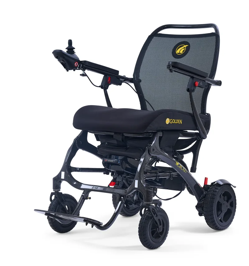Golden Cricket folding power wheelchair with a compact frame and joystick control.