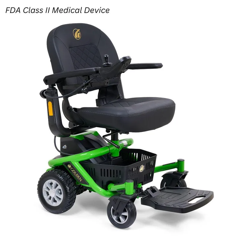 Golden LiteRider Envy power wheelchair with a padded seat and joystick control.