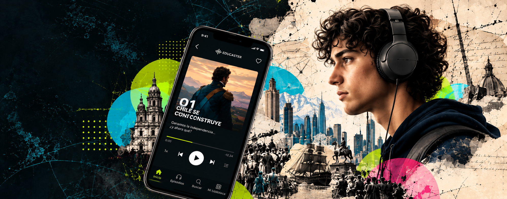 Estudiante escuchando Historias del Futuro en su celular