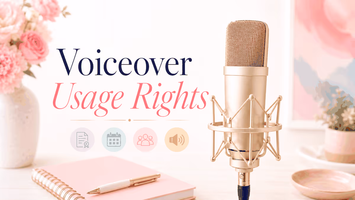 Voiceover usage rights blog image with studio microphone, licensing document, calendar, audience, and media icons