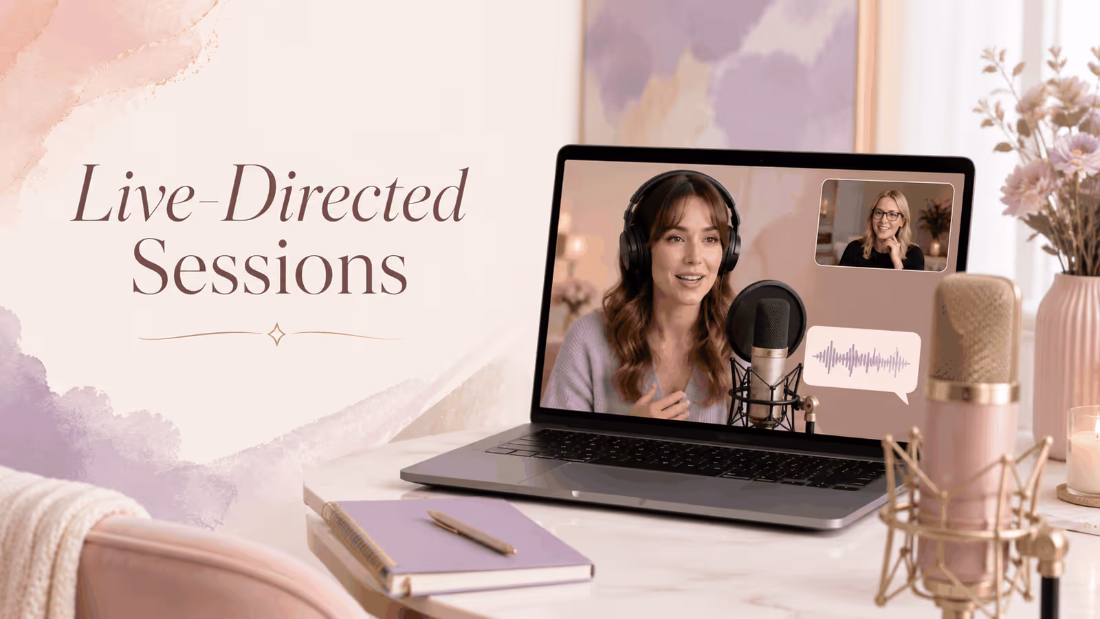 Live-directed voiceover session with client video call, audio waveform, and professional recording setup