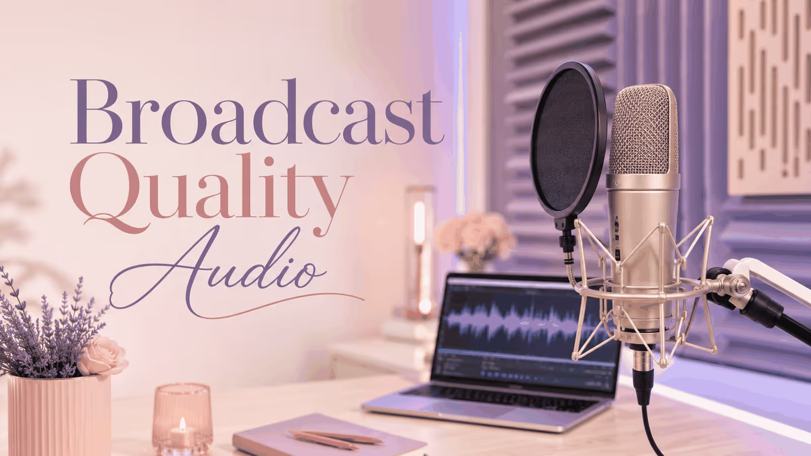 Broadcast quality audio blog image with studio microphone, sound treatment, and waveform editing on a laptop