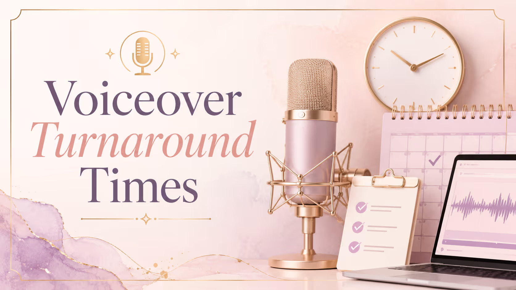 Voiceover project turnaround time image with microphone, calendar, clock, checklist, and audio editing laptop