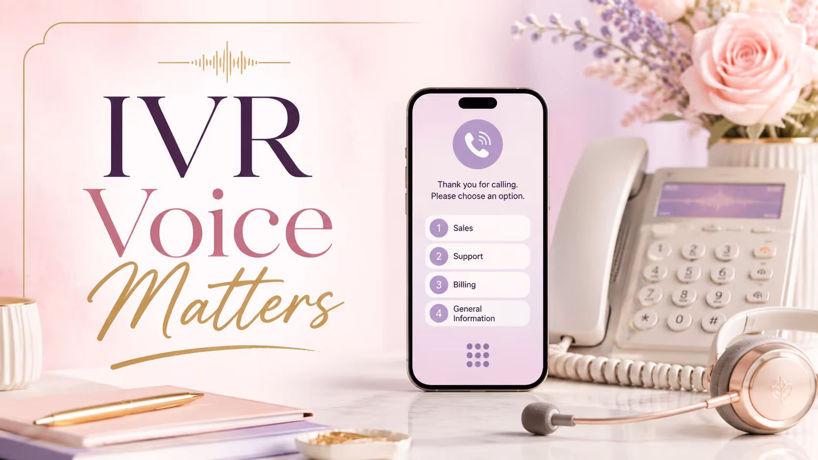 IVR voiceover image with smartphone phone menu, business phone, headset, and professional brand touchpoint theme