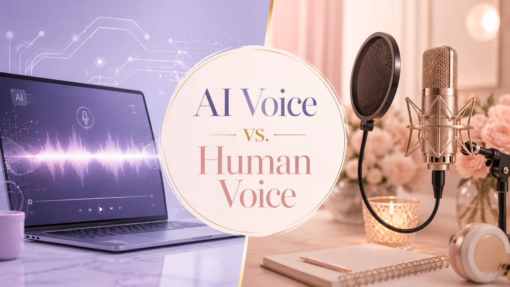 AI voice versus human voiceover comparison with digital audio waveform on laptop and professional studio microphone