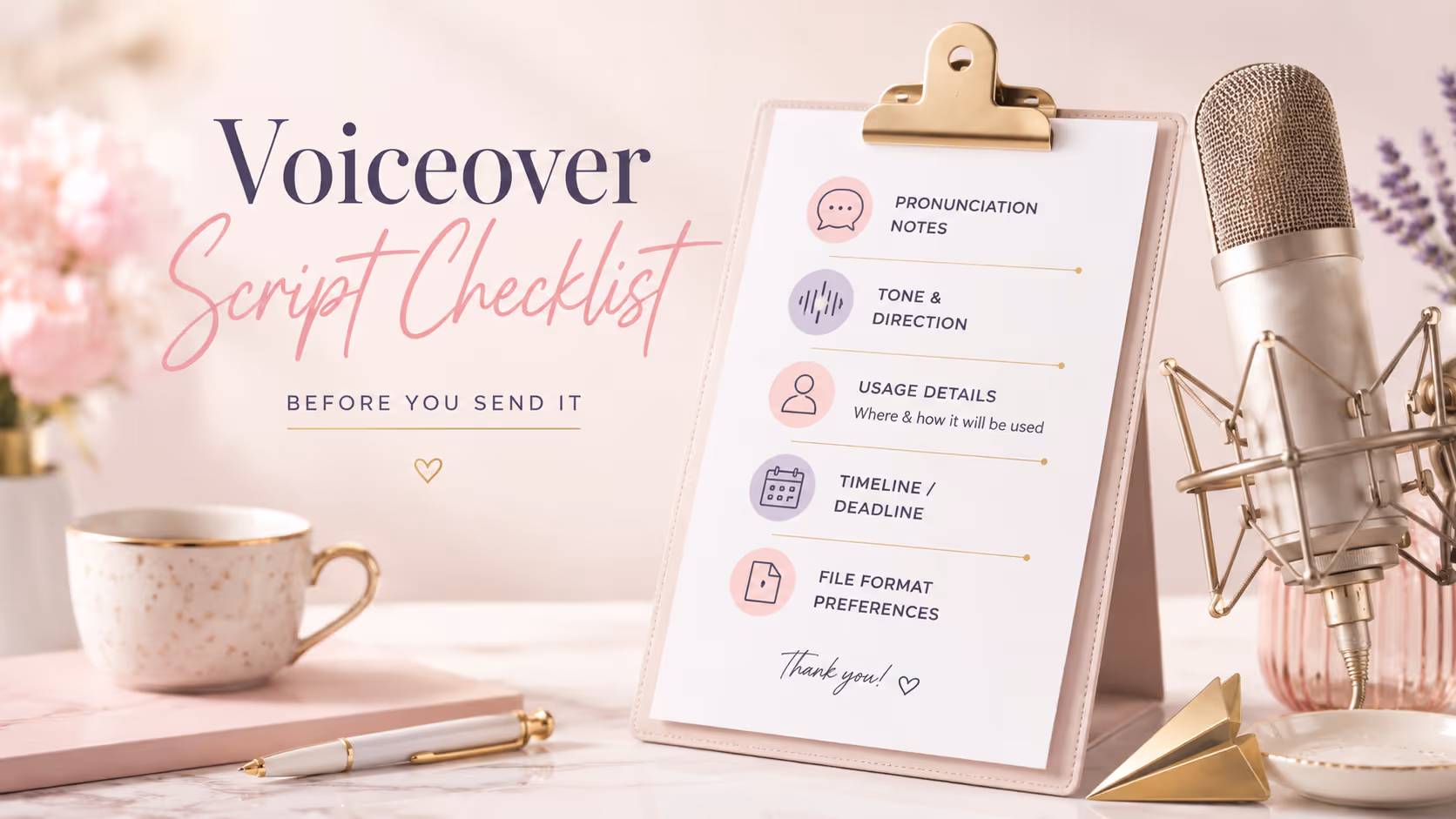 Voiceover script checklist thumbnail with microphone, pronunciation notes, direction, usage details, deadline, and file format preferences