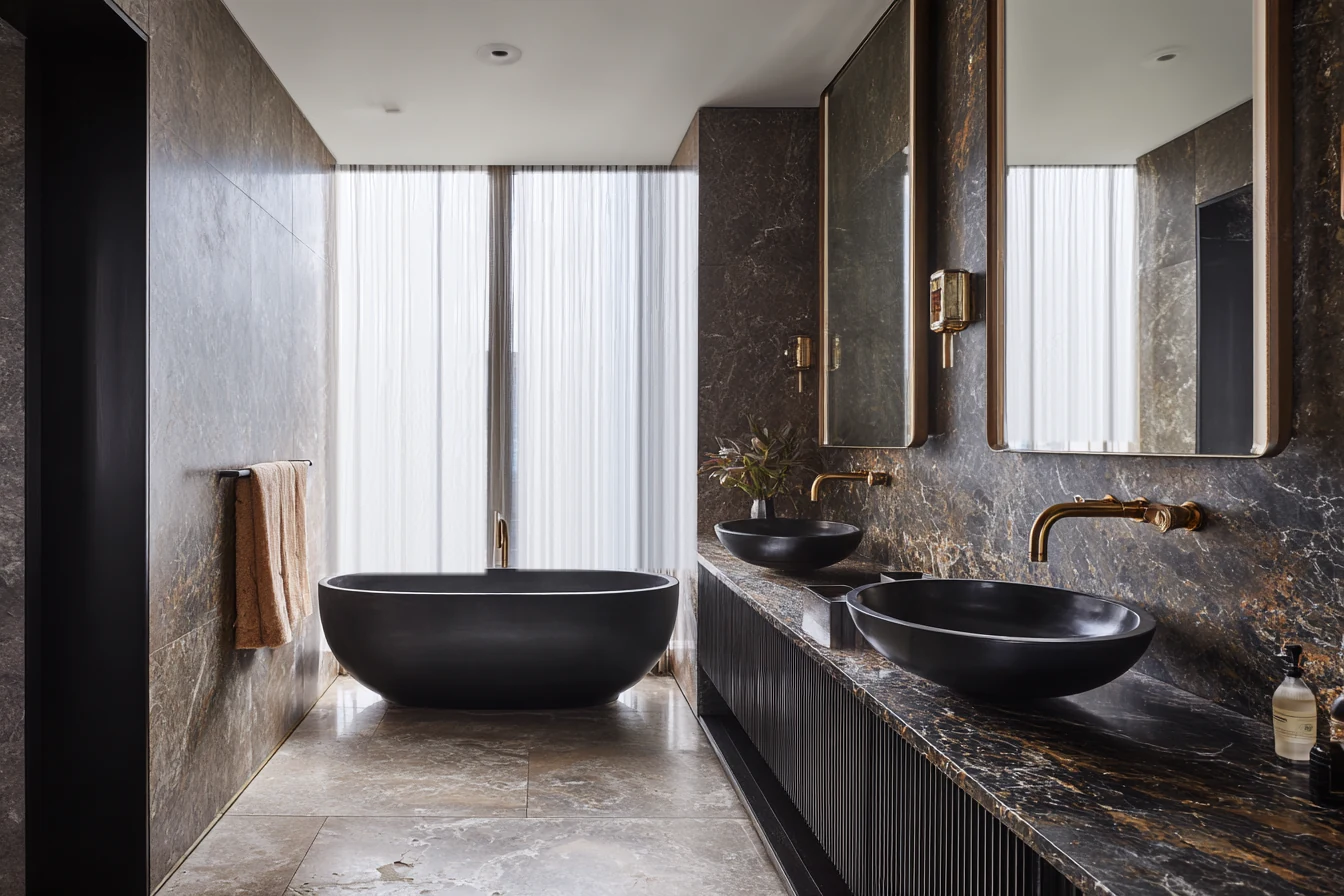 Residence bathroom with dark marble walls and vanity, freestanding black tub and brushed brass fixtures