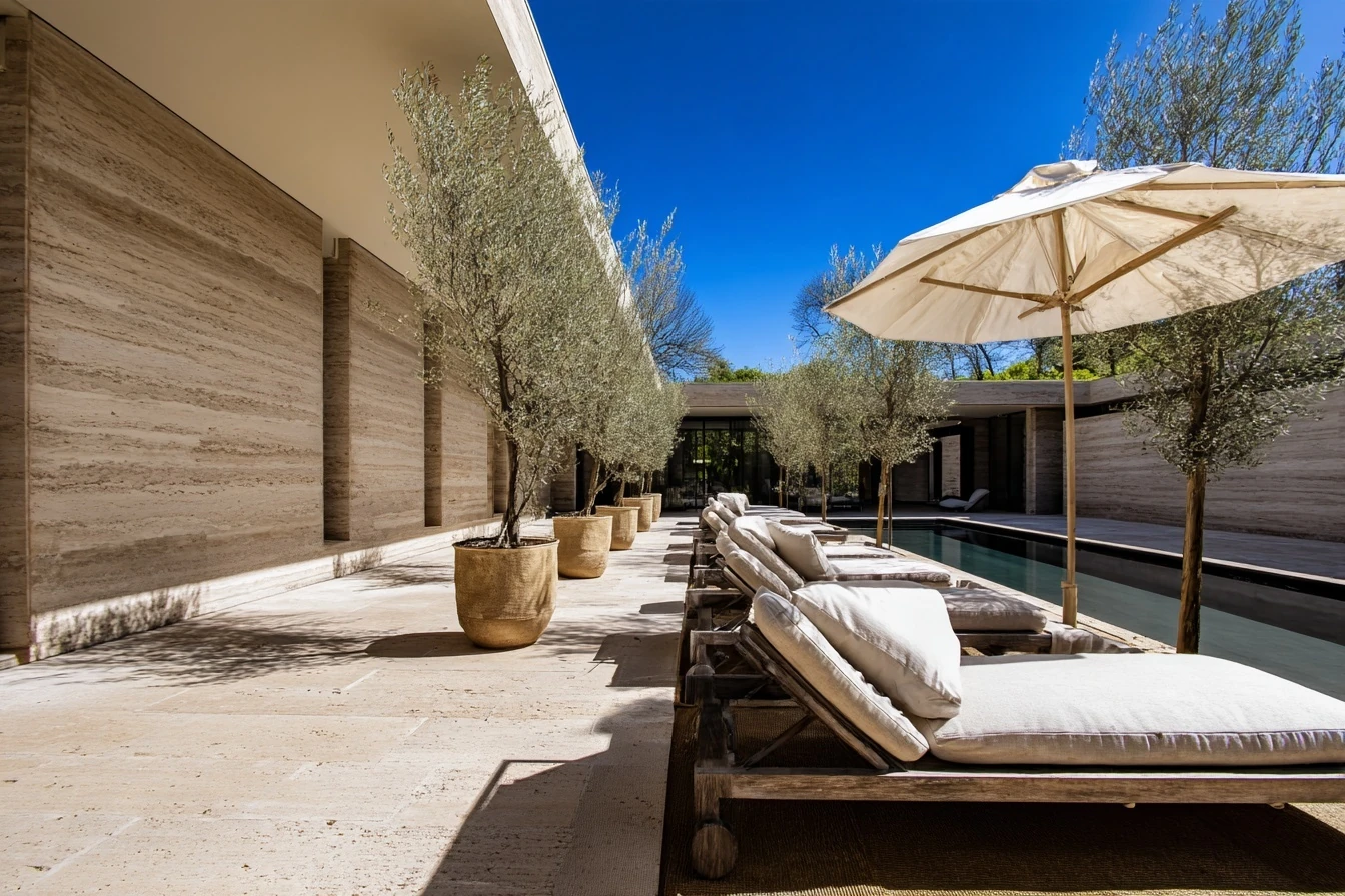 Travertine pool terrace with vein-cut travertine walls, potted olive trees and teak loungers