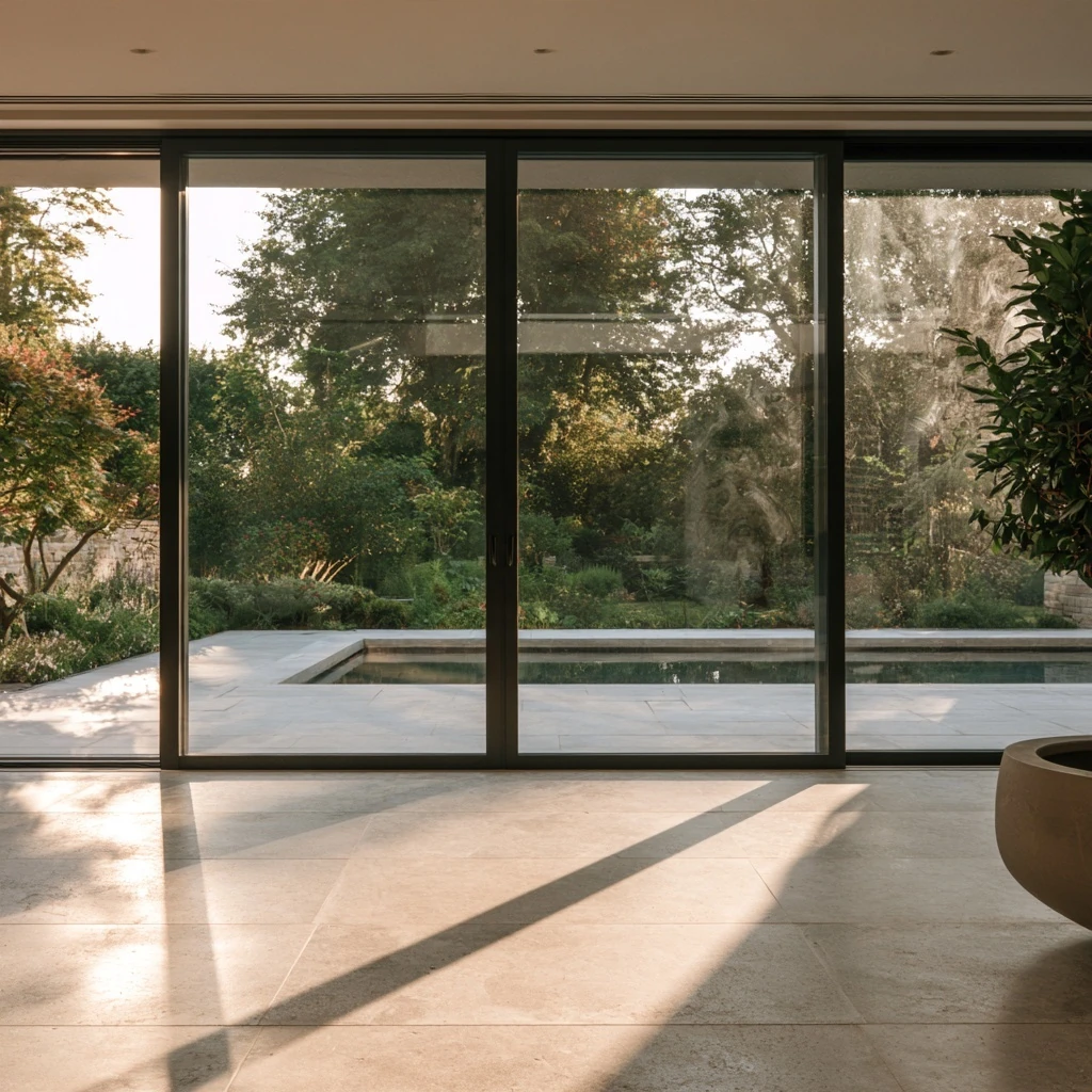 Slim-framed sliding glass doors opening from a stone floor onto a garden and pool terrace
