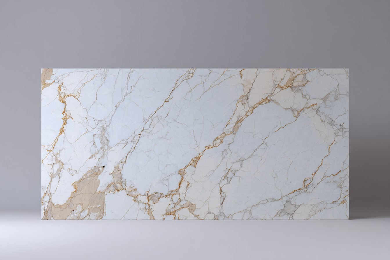 Large-format sintered stone slab in a polished marble-look finish