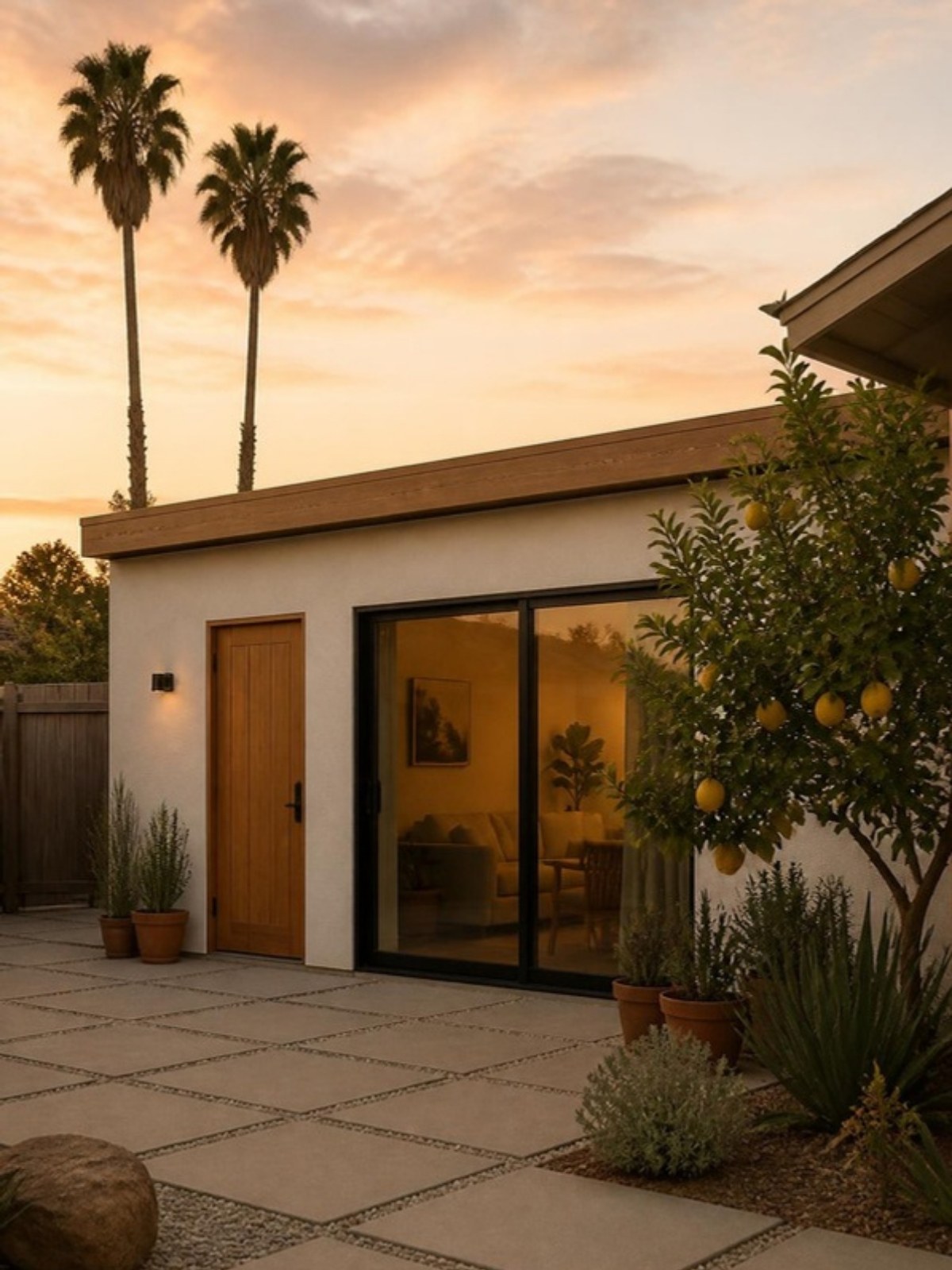 A modern ADU at golden hour with a lemon tree and fan palms