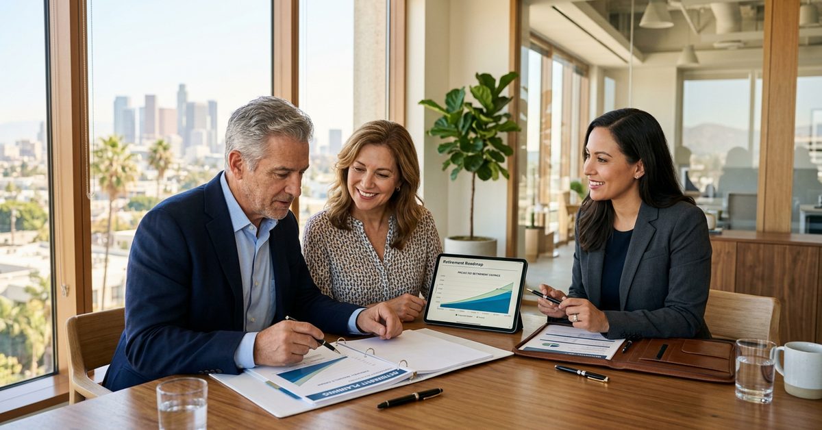 A financial advisor discussing a retirement plan with a couple in an office overlooking a city skyline