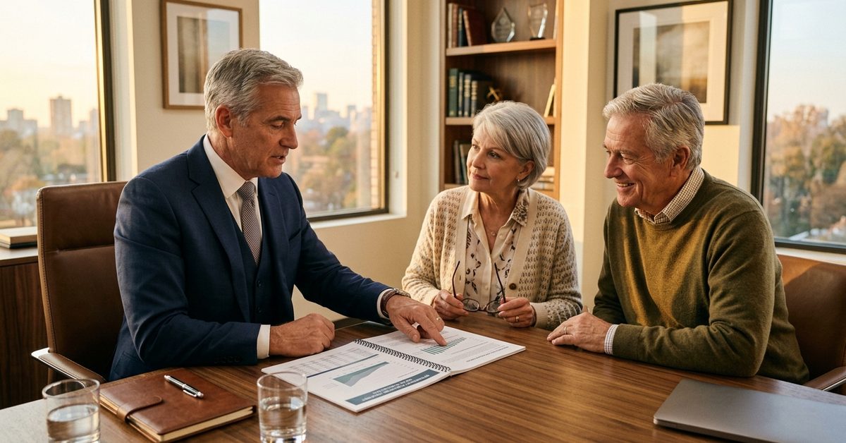 A financial advisor reviewing a planning chart with an older couple at a desk in a sunlit office