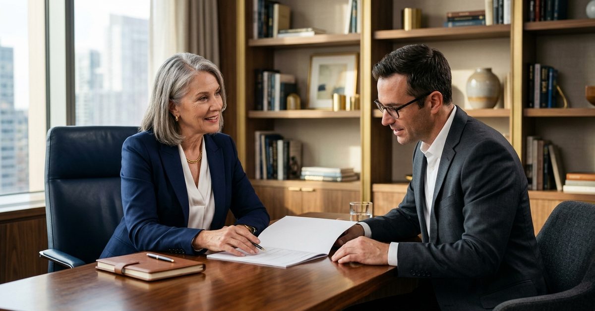 Two financial professionals reviewing retirement planning documents together at a desk in a modern office