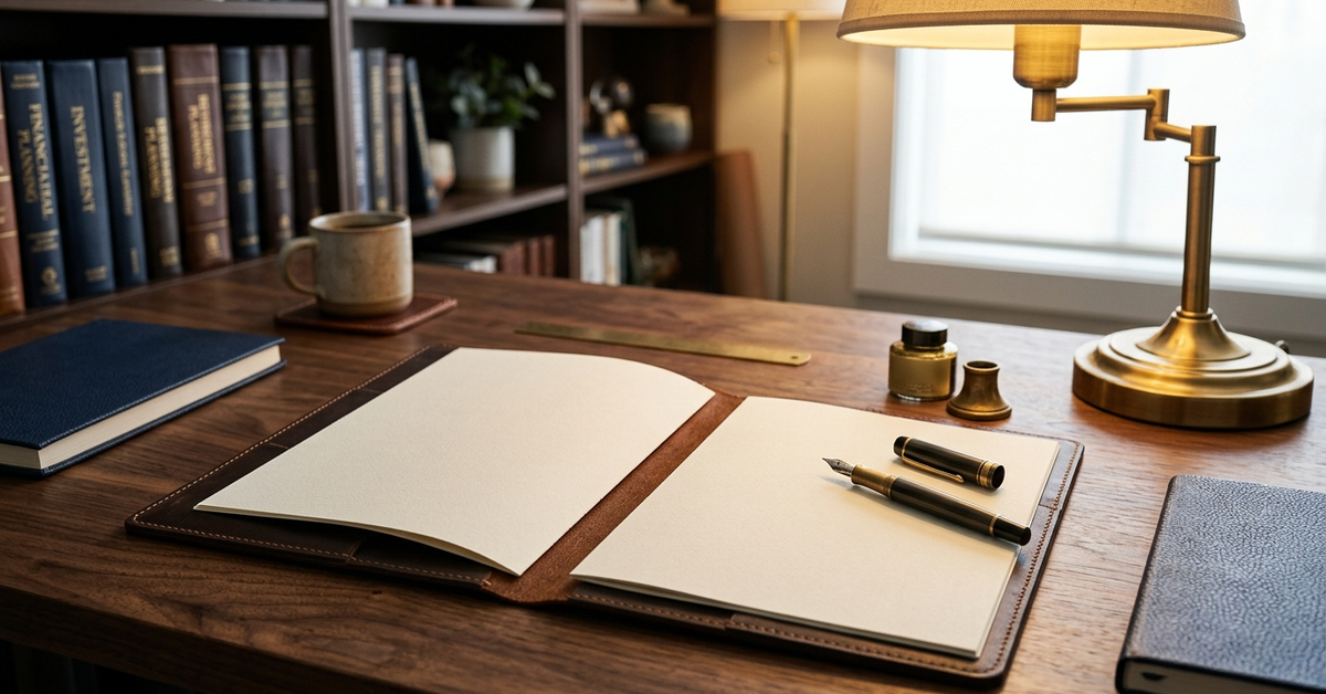 An open leather-bound journal, fountain pen, and inkwell on a wooden desk beside a brass lamp and bookshelves