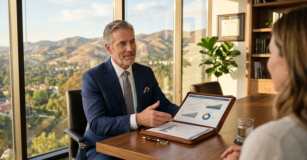 A financial advisor presenting retirement charts on a tablet to a client in an office with a Southern California hillside view