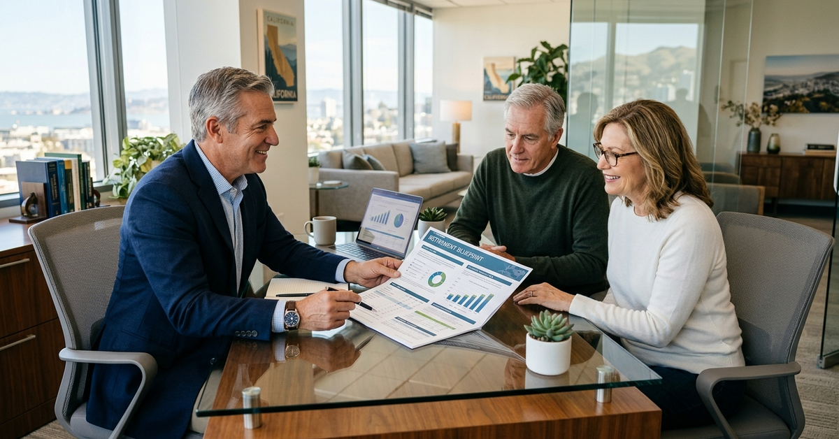 A financial advisor reviewing printed retirement charts with an older couple in a high-rise conference room overlooking hills