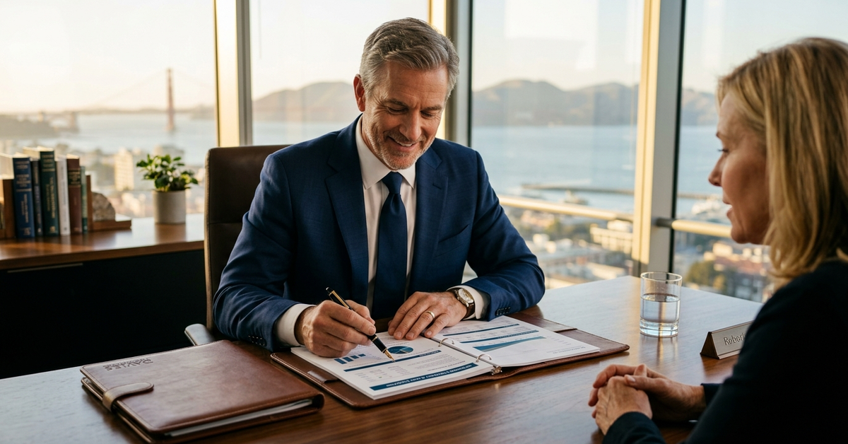 An advisor marking up a printed retirement plan with a client at a table in a high-rise office overlooking a bay and bridge