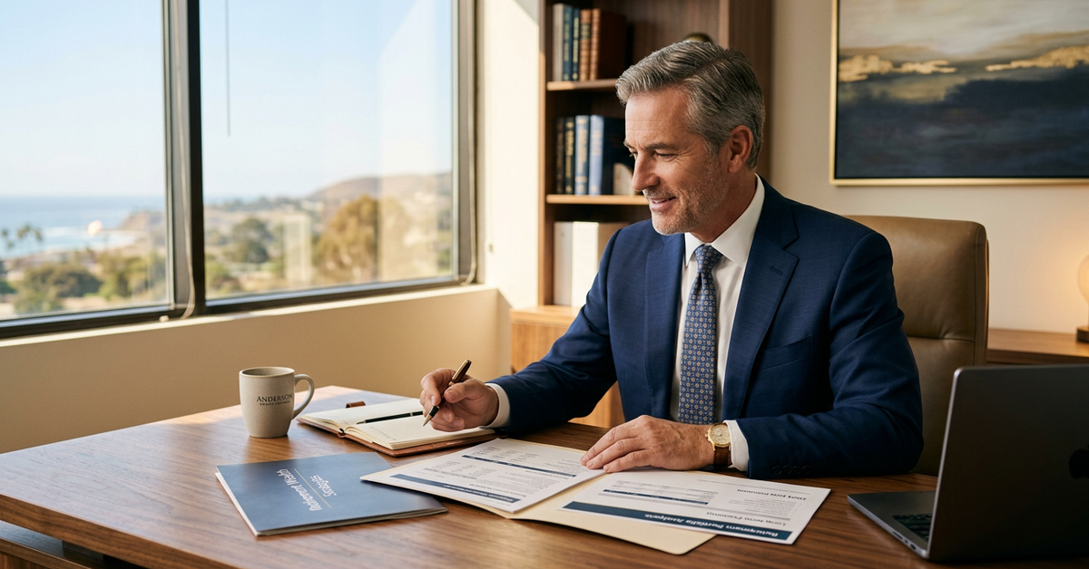 An advisor writing on a printed statement at a desk in an office with a coastal view and a laptop beside him
