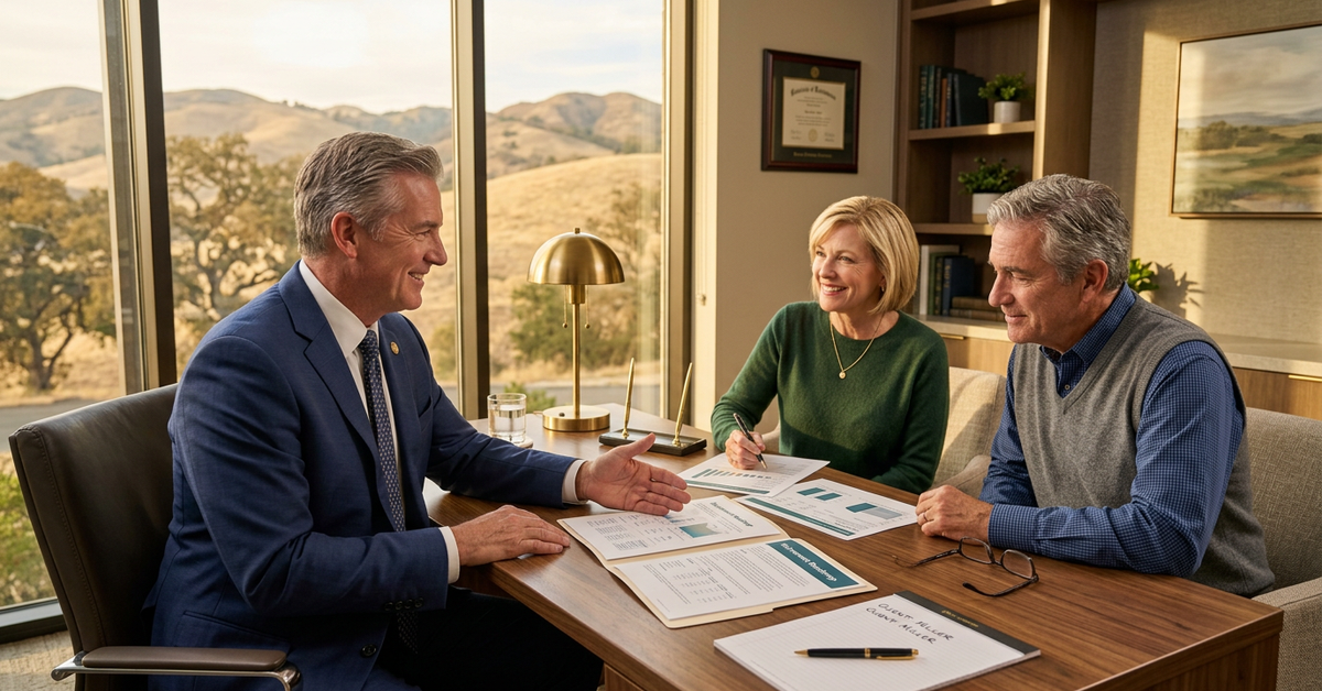 An advisor in a blue suit talking with an older couple across a conference table with printed charts, beside a window onto golden hills
