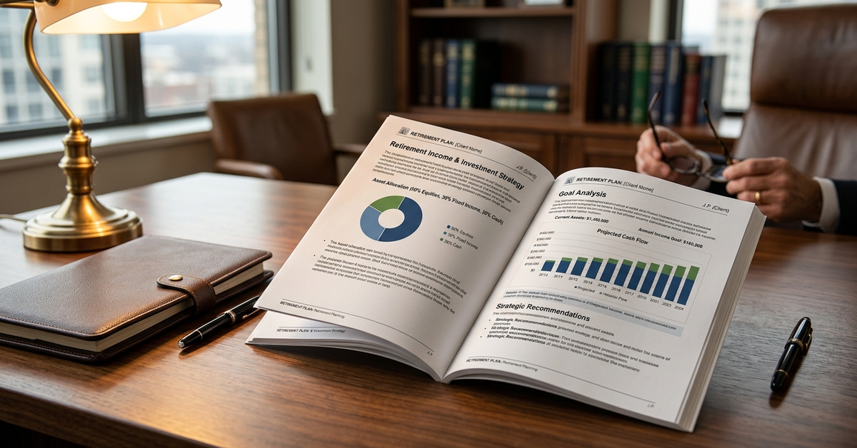 An open printed retirement plan showing a donut chart and bar chart on a wooden desk beside a brass lamp and leather folio