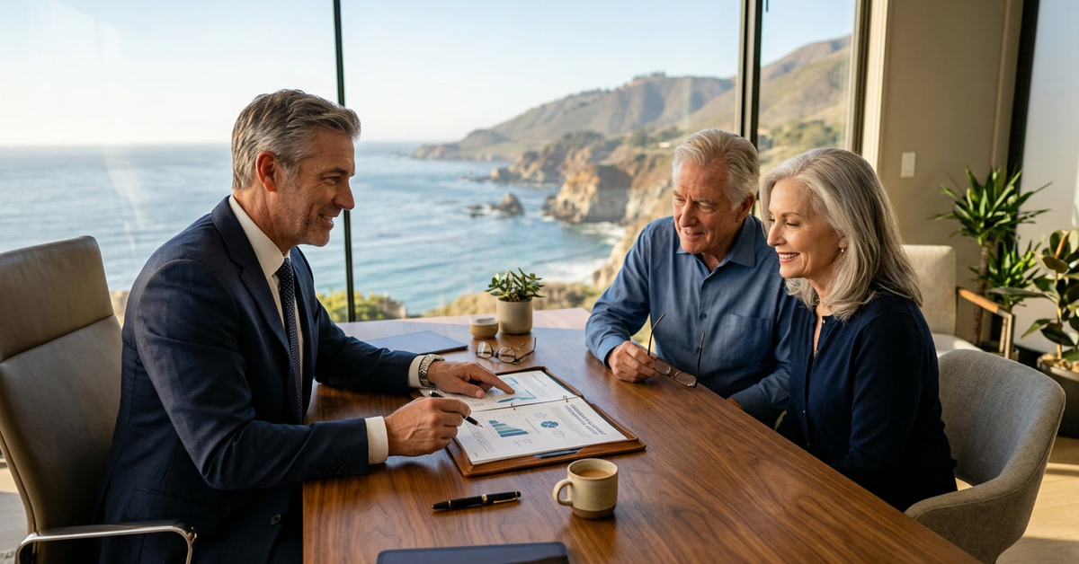 An advisor reviewing a printed planning document with an older couple at a wooden table in a room overlooking a rocky coastline