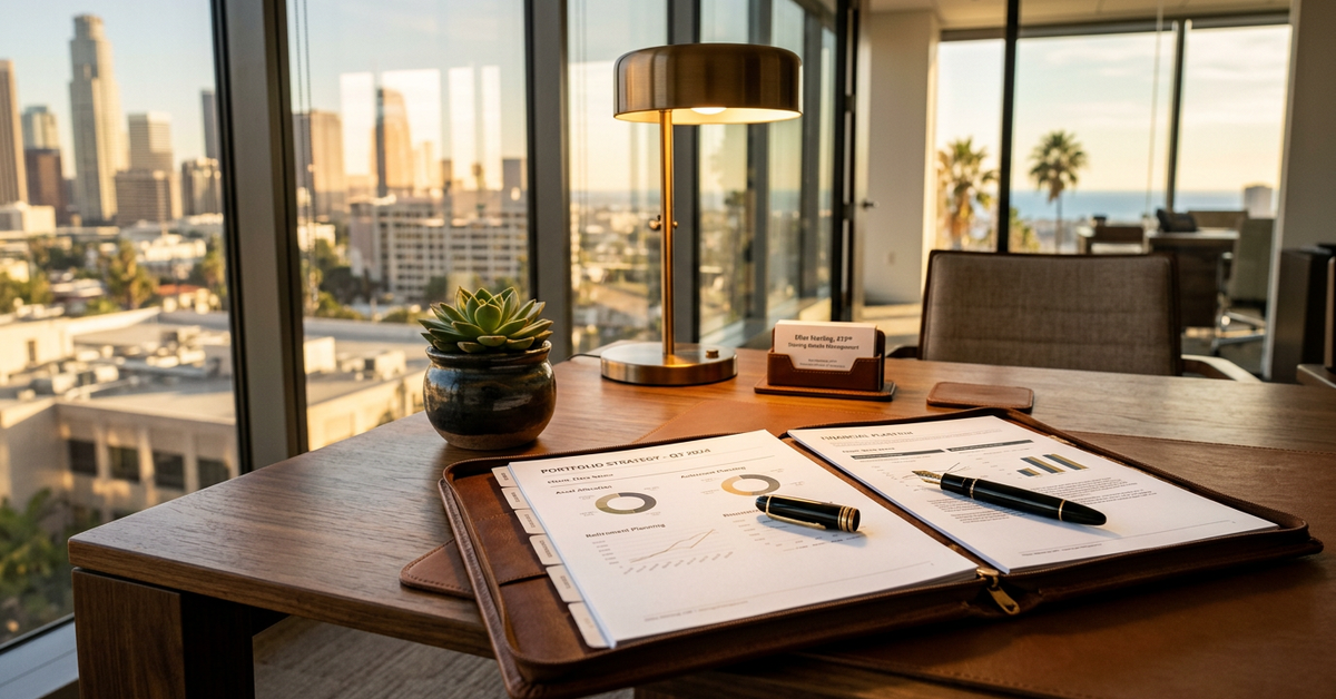 An open binder of printed financial charts and a leather portfolio on a walnut desk beside a brass lamp and a small succulent, in an office overlooking a city skyline and the ocean