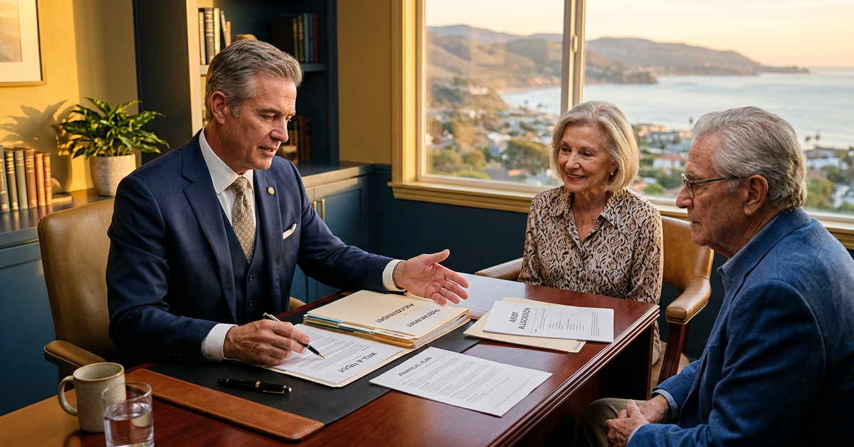 An advisor gesturing while explaining printed documents to an older couple in a book-lined office overlooking a coastline