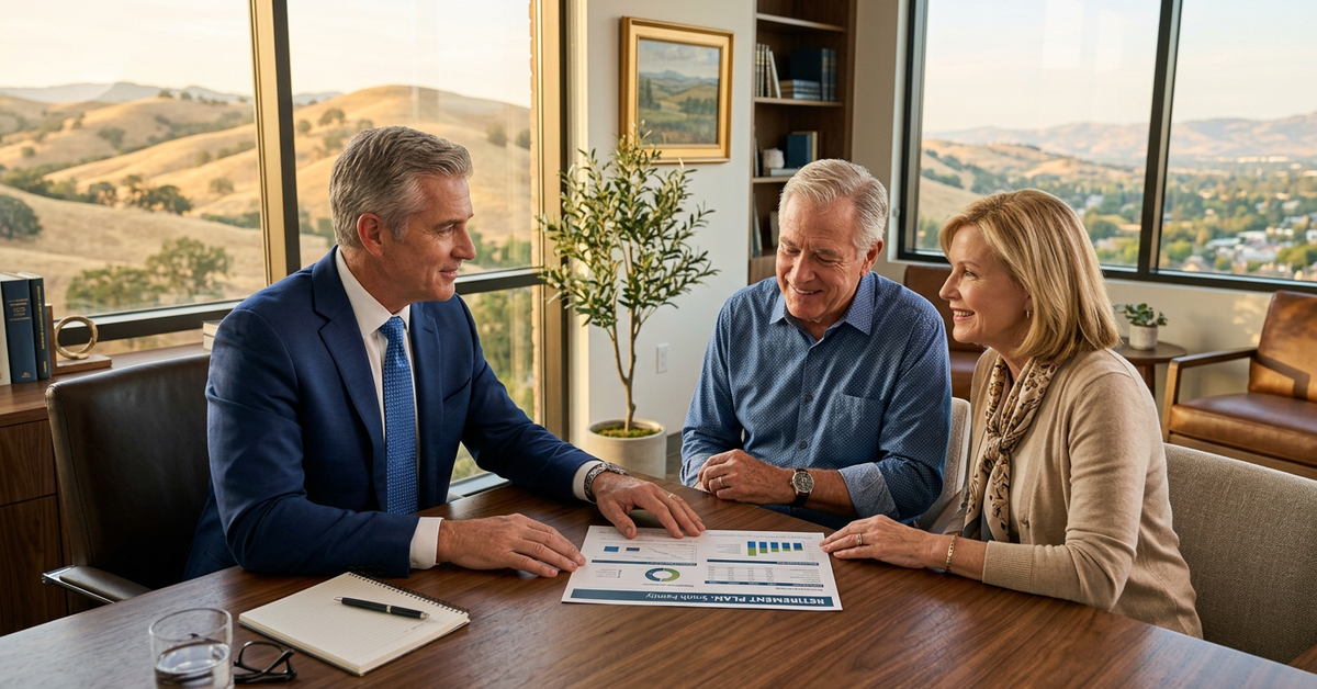 An advisor in a blue suit reviewing a printed chart with an older couple at a wooden table beside windows onto golden hills