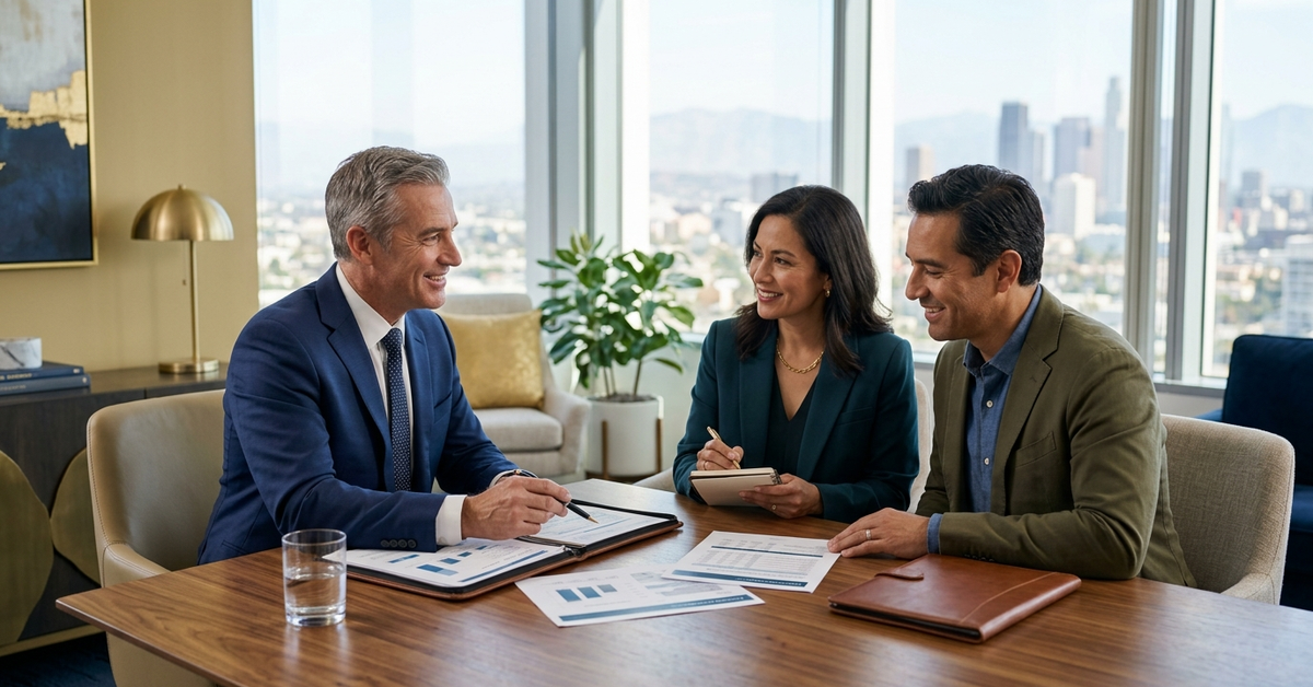 A couple taking notes while talking with an advisor across a conference table in a high-rise office overlooking a city skyline