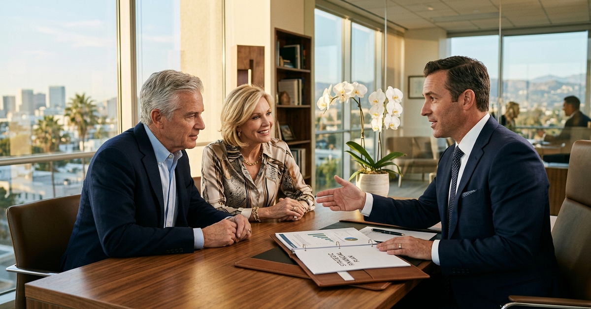 An advisor explaining an open planning binder to an older couple at a table in a high-rise office with a city and palm-tree view