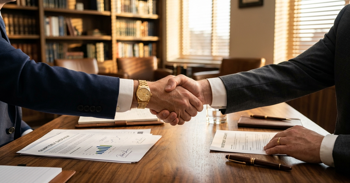 Two people shaking hands across a wooden desk with printed financial documents and a fountain pen in a book-lined office