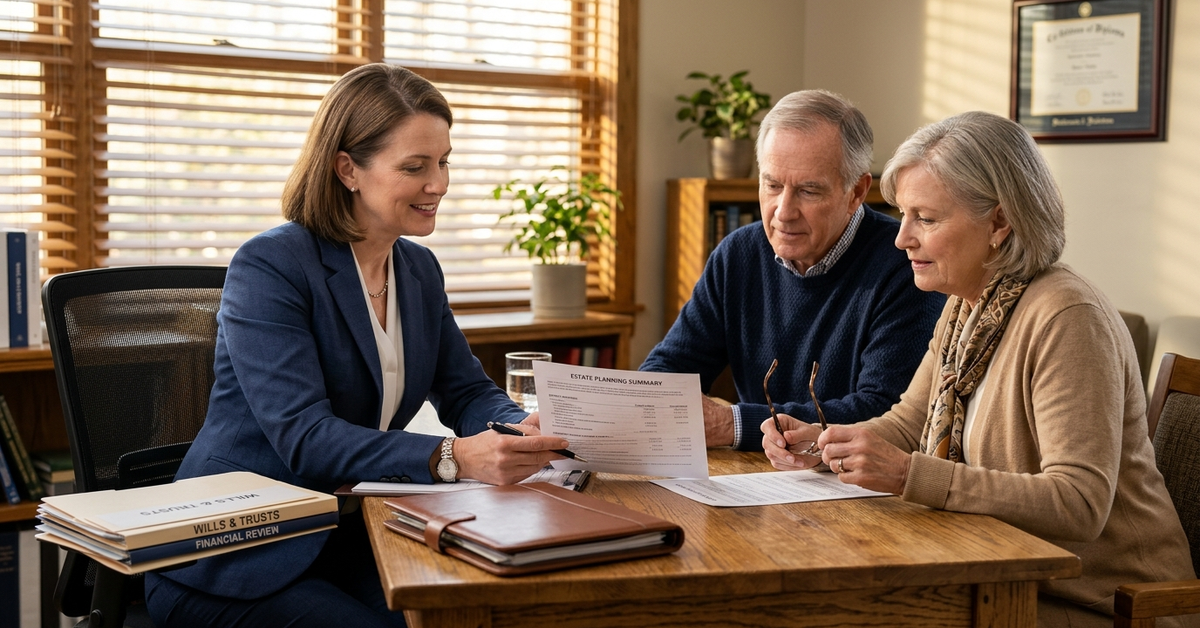 A financial advisor reviewing a printed estate planning summary with an older couple at a wooden table in a book-lined office