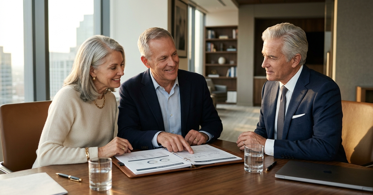 An advisor and an older couple reviewing an open printed plan with charts at a conference table in a high-rise office