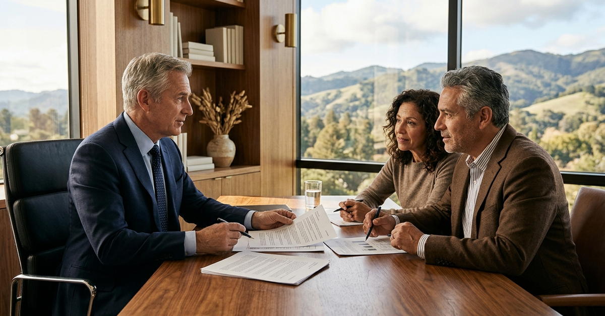 An advisor and an older couple reviewing printed documents across a wooden table in an office overlooking golden hills