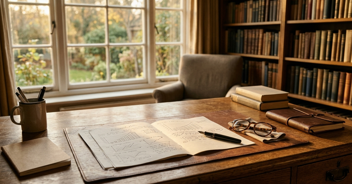 A study with a wooden desk, open notebook, reading glasses and books lit by warm light from a window