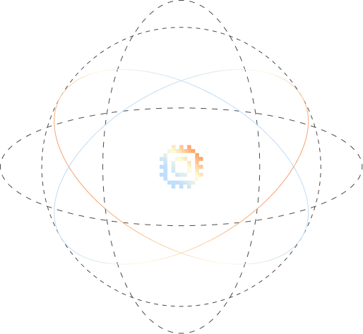Stylized atomic model with a central nucleus and elliptical electron orbits in orange and gray.