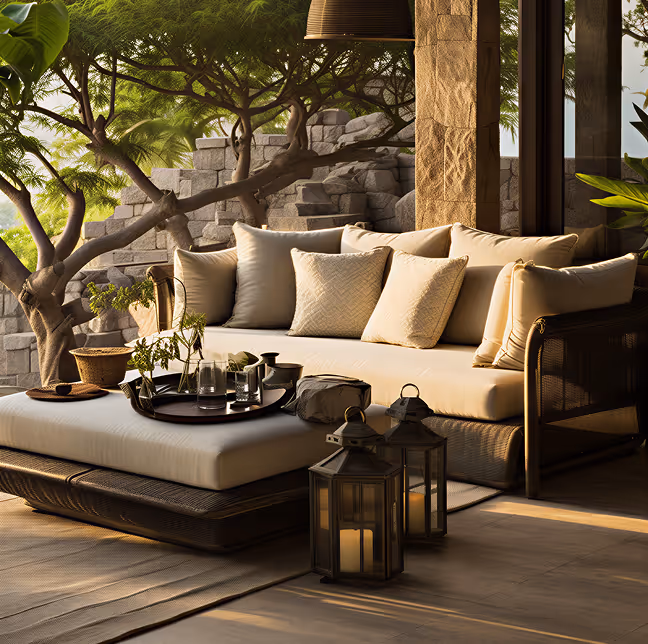 Cozy outdoor seating area with beige cushioned sofa, decorative pillows, a tray with glassware on an ottoman, and two lanterns on the floor, surrounded by trees and stone walls.