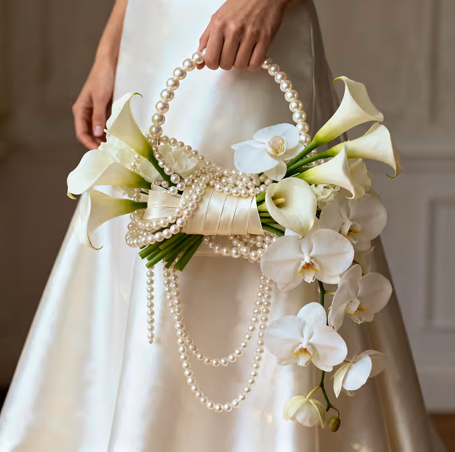 Bride holding a white floral bouquet with calla lilies and orchids adorned with pearl strands and wrapped in satin ribbon.