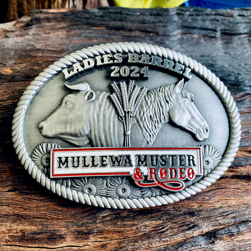 Custom western and rodeo pewter belt buckle produced for the Mullewa Muster & Rodeo event by Buckingham Pewter, Western Australia.