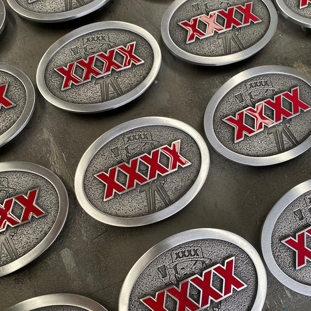 Custom promotional and event advertising pewter belt buckles manufactured in Western Australia by Buckingham Pewter.
