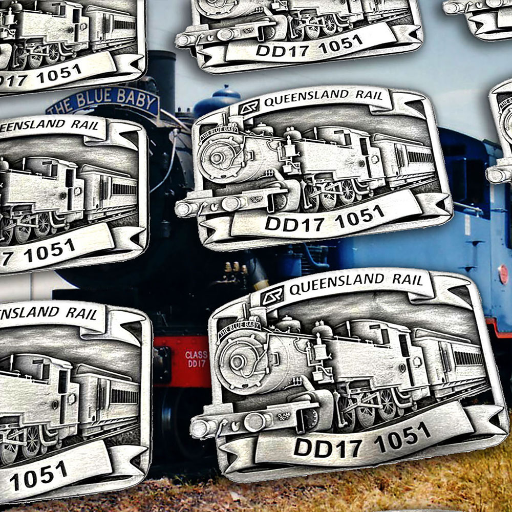 Historic railway enthusiast commemorative belt buckles featuring steam locomotive artwork