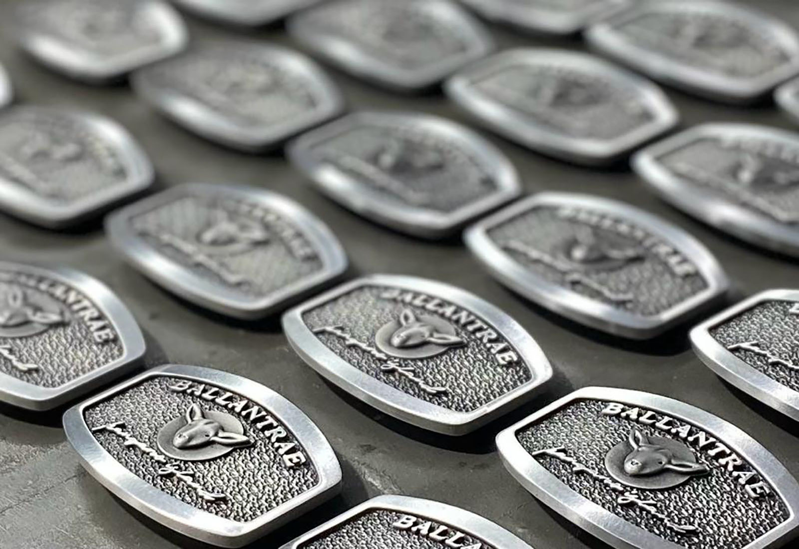 Custom Ballantrae sheep stud belt buckles photographed in production layout