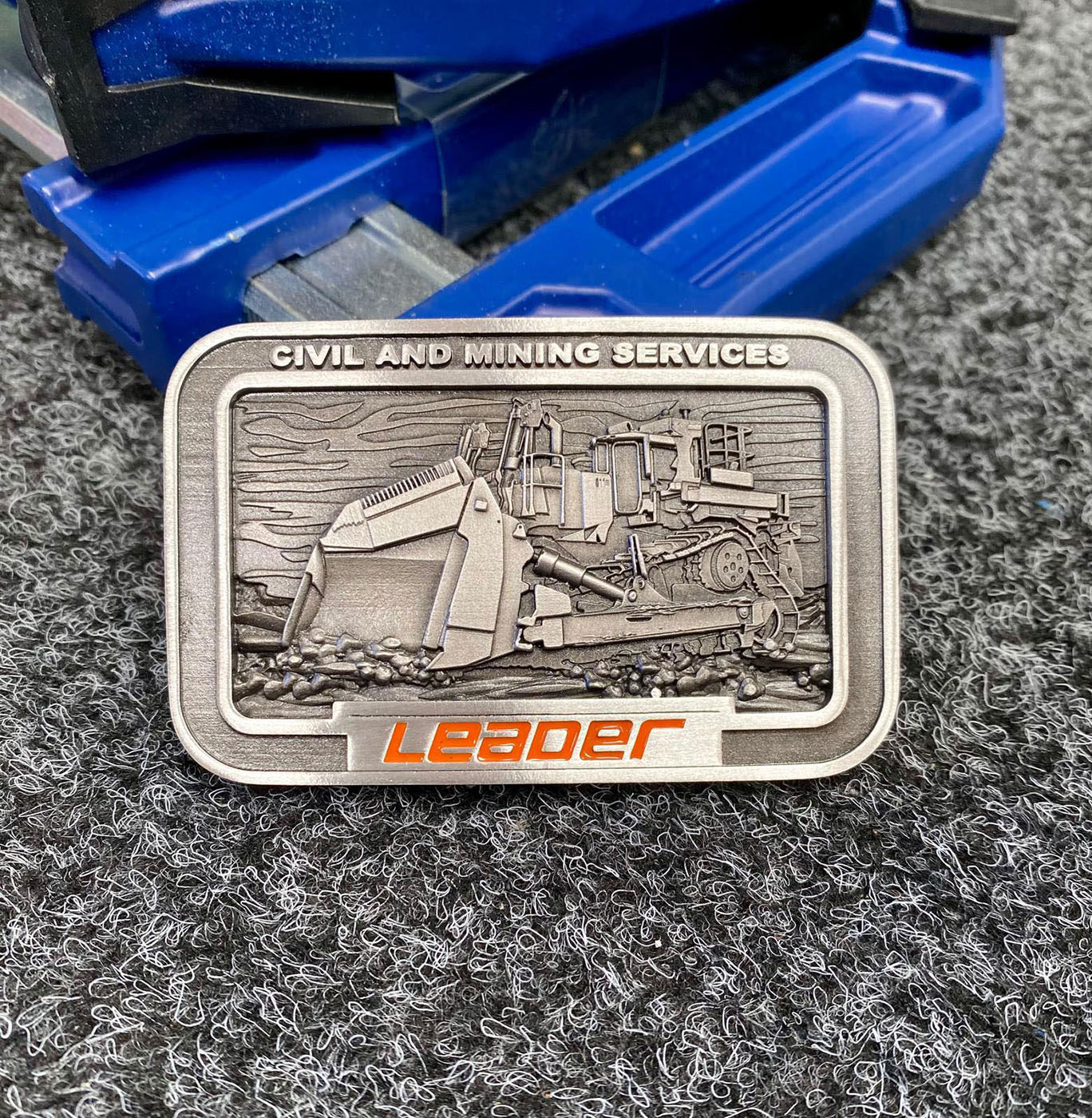 Civil and Mining Services custom pewter belt buckle featuring heavy machinery artwork