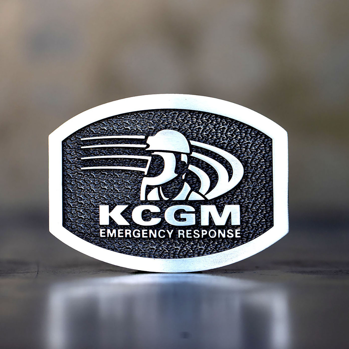 KCGM Emergency Response custom pewter belt buckle for mining team recognition